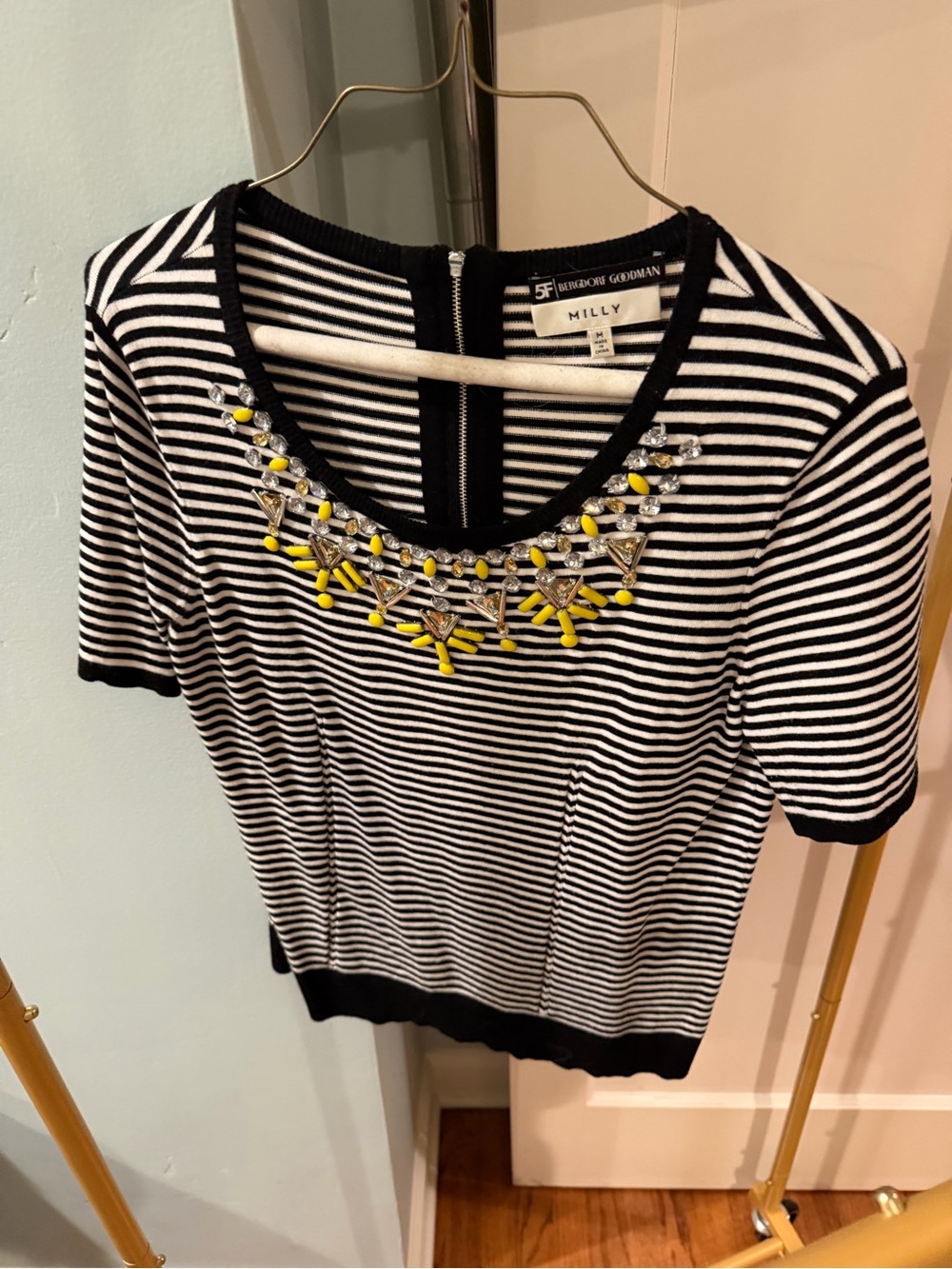 Milly Black & White Striped Embellished Short-Sleeve Top